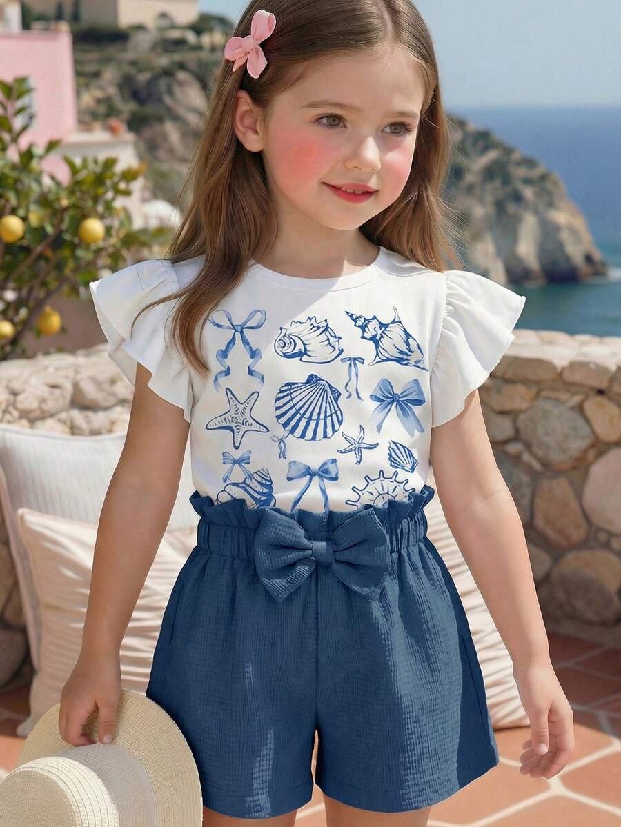 2件套女童夏季新款圆领短袖海洋生物图案T恤和休闲直筒短裤，正面带蝴蝶结，可爱套装 - 彩色 - 查看 1