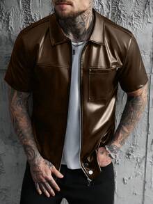 SLATEMANN Men's Loose Fit PU Leather Front Zip Short Sleeve Brown Shirt, Streetwear - Brown - View 7