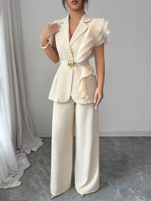 SHEIN Elenzya 女士优雅杏色奢华正式礼服套装，亮片欧根纱荷叶边领系腰西装套装，包括无袖外套和直筒裤，酒红色，适合万圣节、圣诞节、新年派对、毕业典礼、婚礼和其他场合。 - 杏色 - 查看 6