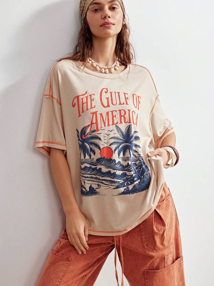 Bohemela Áo thun nữ dáng suông thoải mái phong cách Y2K Bohemian, họa tiết retro lễ hội âm nhạc, chất liệu dệt kim màu yến mạch, cổ tròn, thích hợp mặc mùa hè, áo cơ bản, hoàn hảo cho những buổi đi chơi thường ngày, tụ họp bạn bè, lễ hội âm nhạc, mặc nhiều lớp khi đi dự tiệc hoặc mặc ở nhà thư giãn. Phong cách thoải mái và dễ chịu. - Màu be - Xem 1