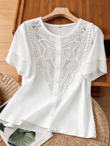 Louniche Women's Solid Color Round Neck Short Sleeve Minimalist Blouse White Elegant Top Lace White Top Tops For Women Elegant White Boho Top Blouse Summer Lace Blouses For Women White Lace Top White Tops For Women Elegant White Blouse Women's White Top Working Blouse Women's Blouse Women's Tops And Blouses - White - View 1