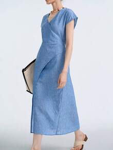 Aalyst Asymmetrical Waist Design Textured Short Sleeve Dress - Blue - View 2