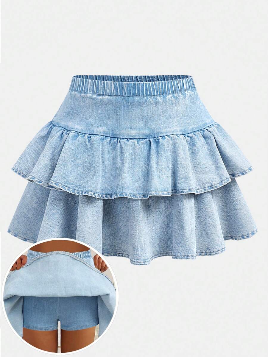 Girlism 少女蓝色牛仔层叠蛋糕裙 - 淺色水洗藍 - 查看 1