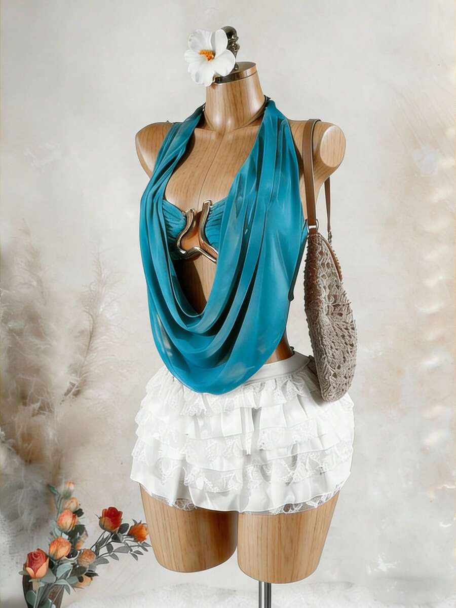 Solea Vida Women's Fashion Strapless Camisole Crop Top, Metal Buckle Hollow Sexy Mesh Elastic Ruffle Collar, Elegant For Music Festival, Party, Young Lady, Vacation, Casual Wear, Sleeveless, Spring/Summer - Green - View 1