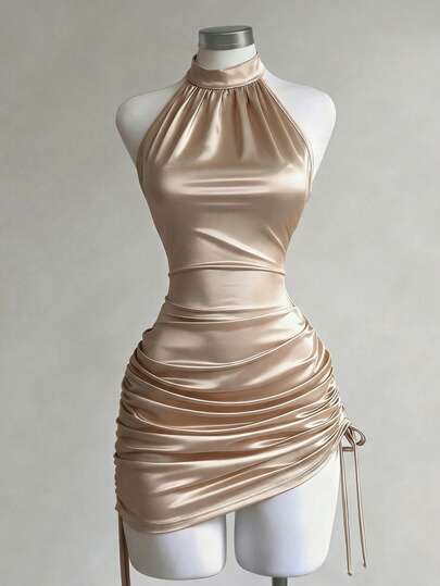 Franclia Women's New Summer Elegant And Sexy Halter Neck Champagne Gold Satin Slim Fit Bodycon Dress With Gathered Sides At The Hem, Waist Tie, Hip-Hugging Short Skirt, Sexy And Hot Girl Style Party Dress. Women's Dresses: Elegant Dresses, Champagne-Colored Dresses, Sexy Dresses, Solid Color Dresses, Women's Wedding Guest Dresses, Graduation Dresses, Women's Elegant Dresses, Women's Casual Dresses, Sparkling Dresses, Shimmering Dresses, Wedding Dresses, Summer Holiday Outfits, Vacation Outfits, Women's Formal Dresses/Evenings, Women's Office Outfits, Apricot Dresses. Suitable For Dates, Banquets, Everyday Wear, Parties, Commutes, Wedding Parties, Daily Commutes, Afternoon Tea, Etc.Graduation Season Attire, Fashionable Casual Commuter Wear, Business Office Wear, Versatile And Stylish Everyday Casual Wear, Urban Teacher's Professional Attire