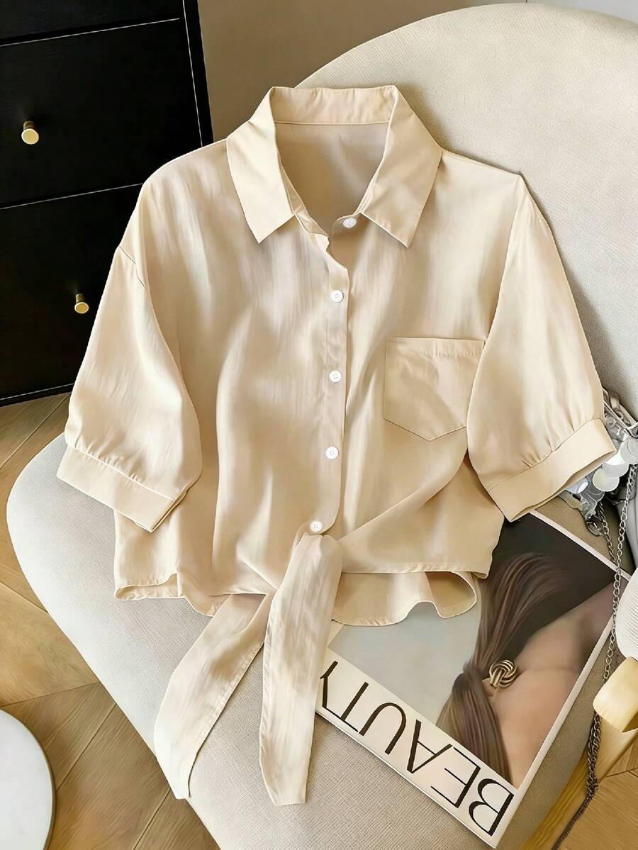 Resyla New Casual Retro Women's Collared Short Sleeve Tie-Front Sun Protection Shirt - Khaki - View 1