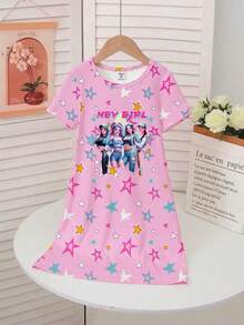 女童粉色星星印花卡通图案甜美活力针织面料圆领短袖睡衣家居服 - 粉色 - 查看 5