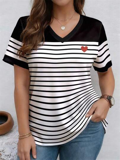 EMERY ROSE Patchwork Pattern Twill Texture Round Neck Short Sleeve Casual Plus Size T-Shirt, Spring