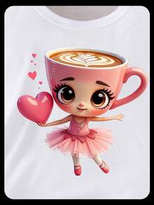 SHEIN Young Girl Casual Fashion Creative Cute Cartoon Kawaii Ballet Girl Heart Graphic Print Relaxed Basic Short T-Shirt, Suitable For Atmosphere Top - White - View 7