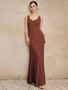 Anewsta Đầm len cổ cao kẻ sọc ôm dáng thanh lịch mới cho nữ, kiểu dáng mùa xuân sớm. - màu nâu - Xem 6