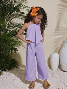 Conjunto de top halter de unicolor y pantalones de pierna ancha casual de vacaciones para niña - Púrpura malva - Ver 5