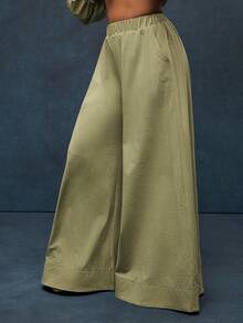 Solid Woven Elasticized Wide Waistband Extreme Wide Pants - Army Green - View 5