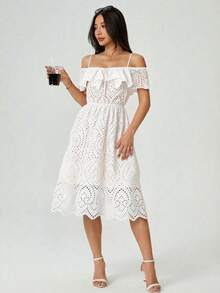 Vestido midi de hombros descubiertos con bordado | Diseño romántico y favorecedor para cualquier ocasión - Blanco - Ver 4