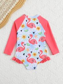 Sparklyn 女婴沙滩装可爱红色火烈鸟印花连体泳衣，针织面料，前拉链，荷叶边腿部设计，数码印花，时尚休闲优雅，适合游泳、度假、夏季穿着。女婴长袖泳衣，女婴防晒泳衣，火烈鸟印花泳衣，女婴火烈鸟泳装，女婴泳衣 - 紅色 - 查看 2