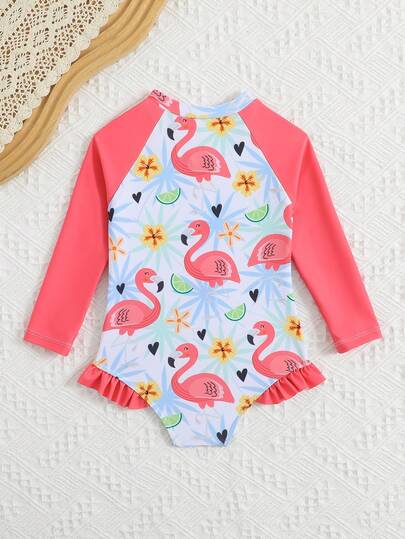 Sparklyn Đồ bơi liền thân in hình chim hồng hạc đỏ dễ thương cho bé gái, chất liệu vải dệt kim, khóa kéo phía trước, thiết kế chân bèo nhún, in kỹ thuật số, thời trang, giản dị, thanh lịch, thích hợp cho bơi lội, kỳ nghỉ, mùa hè. Đồ bơi dài tay cho bé gái, áo chống nắng in hình chim hồng hạc, đồ bơi hình chim hồng hạc cho bé gái, đồ bơi cho bé gái.