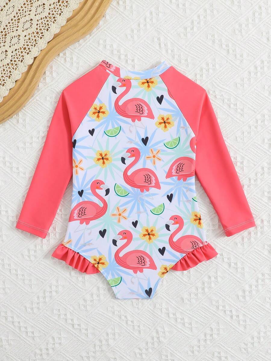 Sparklyn Đồ bơi liền thân in hình chim hồng hạc đỏ dễ thương cho bé gái, chất liệu vải dệt kim, khóa kéo phía trước, thiết kế chân bèo nhún, in kỹ thuật số, thời trang, giản dị, thanh lịch, thích hợp cho bơi lội, kỳ nghỉ, mùa hè. Đồ bơi dài tay cho bé gái, áo chống nắng in hình chim hồng hạc, đồ bơi hình chim hồng hạc cho bé gái, đồ bơi cho bé gái. - Đỏ - Xem 1