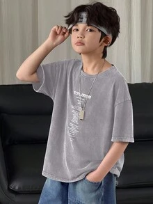 DAZY 男童标语印花圆领短袖休闲T恤 夏季 - 淺灰色 - 查看 6