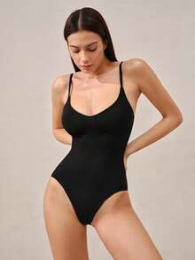 Veilyse 1pc Women's Minimalist Slimming Jumpsuit, Slim Waistline, Korean Style, Suitable As Layering Piece For Carnival Outfits, Tummy Control Bodysuitsfor Summer - Black - View 7