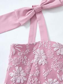 SHEIN 女童优雅花卉提花吊带可拆卸蝴蝶结装饰修身连衣裙，适合日常穿着、聚会、派对、正式场合。 - 粉色 - 查看 8