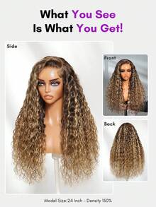 ALL READY WIG 13x4 Pre Everything Bye Bye Slip Lace Frontal Pre Cut Pre Plucked Pre Bleached Bronde Golden Mixed Color With Honey Blonde Highlights Water Wave Drawstring Wig Effortless Transparent Lace 100% Human Hair - S4/27 - View 4