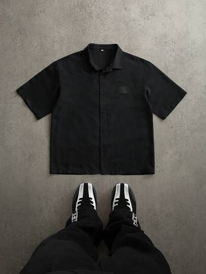 PAVTROS Men's Brand Solid Color Loose Fit Turndown Collar Short Sleeve Shirt