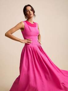 LOTSLUV 女士春夏撞色圆领无袖收腰修身连衣裙，粉色和紫红色 - 粉色 - 查看 5