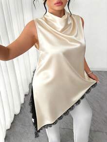 Elenzga Große Größen Ärmelloses Hemd für Damen mit Spitzensaum, elegante vintage-inspirierte lange Bluse, vielseitig einsetzbar für Arbeit, Abschluss, Feiertage, Valentinstag, Musikfestivals, Muttertag, Halloween, Erntedankfest, Ostern, Nationalfeiertag, Tänze, Dates, Hochzeiten, Ausflüge und mehr. - Aprikosenfarben - Übersicht 4