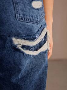 Anewsta Women's Ripped Rhinestone Embellished Casual Everyday Straight Leg Jeans - Blue - View 4