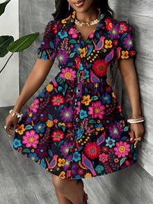 Slaydiva 大码女式碎花短袖衬衫裙，适合夏季穿着 - 彩色 - 查看 3