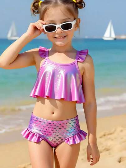 1pc Girls Cute Fish Scale Foil Print Comfortable Knit Fabric Swimwear Set, Suitable For Beach, Pool, Seaside, Surfing, Vacation, Summer, Travel, Holiday 2 Pieces Pink Swimwear For A 7 Year Old Girl Neon Pink Bathing Suits For Girls Two Pieces Kids Swim Suits Pink Shirt And Pants Set Young Girl 2 Pieces Ruffled Collar Knit Swimwear Set Bikini Top Swim Shorts Swimwears For Eight Year Old Two Pieces With Ruffles Young Girl 2 Pieces Ruffled Swimwear Set Summer Two Piece Set Teens Swim Suit Swimsuits