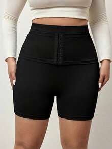 Enliva Plus Size Women High Elasticity Solid Color Tummy Control Slim Fit Shorts, For Apple And Rounded Body Shape - Black - View 5