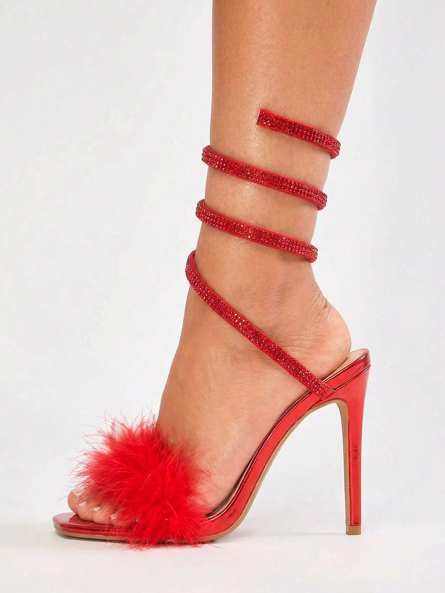 Glitzique Giày cao gót Stiletto thời trang mới, giày đi tiệc phong cách Âu Mỹ, giày cao gót màu đỏ đính đá Rhinestone gợi cảm - Đỏ - Xem 1