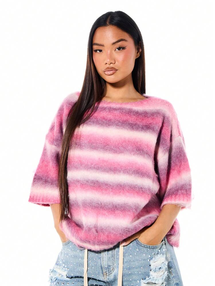 SUMWON WOMEN Damen Batik gestreifter Strickpullover mit Dreiviertel-Ärmeln und Rundhalsausschnitt, gemütlicher Pullover für Winter und Herbst