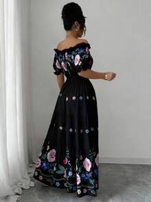 Modelyn 女士露肩花瓣袖印花腰部A字裙摆浪漫优雅休闲夏季连衣裙 - 黑色 - 查看 2