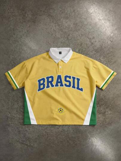 Manfinity ZONE917 Short Street Fashion Casual Football Sports Style Color Block "BRASIL" Print Short Polo Shirt, Suitable For Spring/Summer, Great Gift For Friends