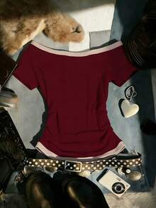 Noixe Women's Casual Star Embroidery Contrast Trim T-Shirt, Summer - Burgundy - View 2