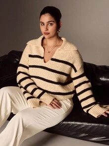 Juhart 大码女式拼色条纹高领长袖休闲套头衫，冬季 - 彩色 - 查看 6