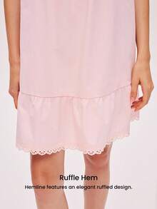 LUVLETTE 透气100%纯棉粉色花卉刺绣蕾丝边性感睡裙女士睡衣轻盈吊带裙时尚休闲舒适套装内衣外穿新娘内衣及睡衣，春夏睡衣婚礼用品 - 粉色 - 查看 4