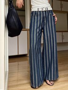 Livesso Quần jeans ống rộng dáng suông thoải mái kẻ sọc có túi dành cho nữ - Màu xanh lam - Xem 3