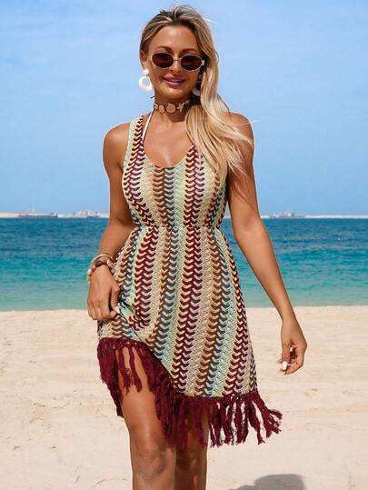 Swim Vcay 女士拼接彩色流苏休闲沙滩罩衫