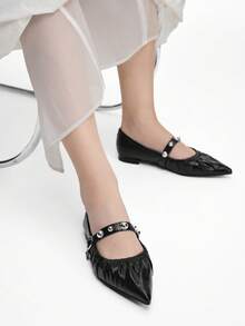 Mnmlis Women's Spring/Summer Fashion Silver Rivet Pointed Toe Flat Mary Jane Shoes, French Style Soft Leather Black Office Daily Wear - Black - View 2