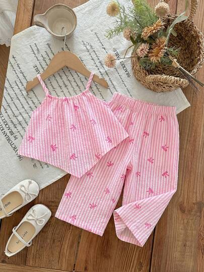 SHEIN 女婴可爱甜美碎花印花短袖上衣和松紧腰短裤套装