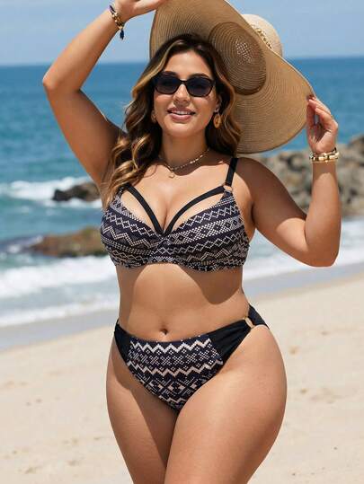 Swim Lushoire Plus Size Women's Black Faux Lace Print Fashion Casual Sexy High Waist Triangle Bikini Bottom Swimwear