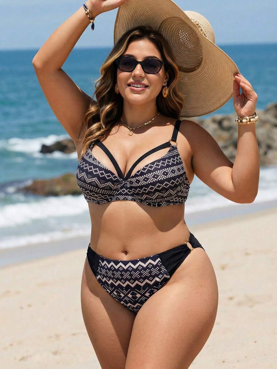 Swim Lushoire 大码女式黑色仿蕾丝印花时尚休闲性感高腰三角比基尼泳裤 - 黑色 - 查看 1