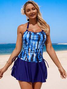 Swim Lushoire New Arrival Sexy & Elegant Women's Tankini Swimsuit Set, Summer Beach Vacation Swimwear, Blue Geometric Print Top & Solid Navy Bottoms - Multicolor - View 5