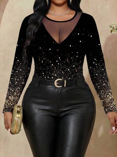 Fleurora 优雅金色亮片渐变印花加大码T恤，适合新年派对