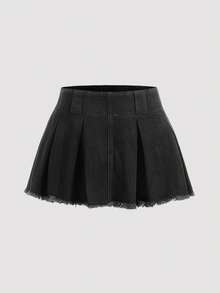 Breezaya Minifalda de mezclilla casual con cintura alta, plisada y con flecos para mujer de talla grande - Negro - Ver 7