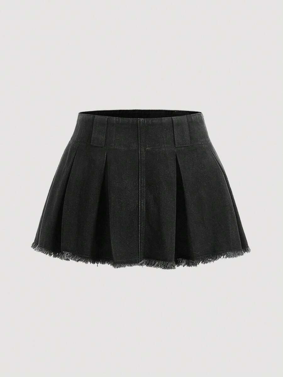 SHEIN PETITE 女款休閒日常純色毛邊百褶牛仔迷你裙,夏季女款裙褲黑色短裙內含短褲,網球裙超短裙,適合嬌小女性 - 黑色 - 查看 1