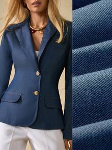 Bóhologie 女士牛仔布效果藏蓝色西装外套 – 金色纽扣，长袖，修身剪裁，经典办公着装，优雅商务外套，双排扣，休闲西装外套，正式工作夹克，时尚天丝西装外套 - 藏蓝色 - 查看 1