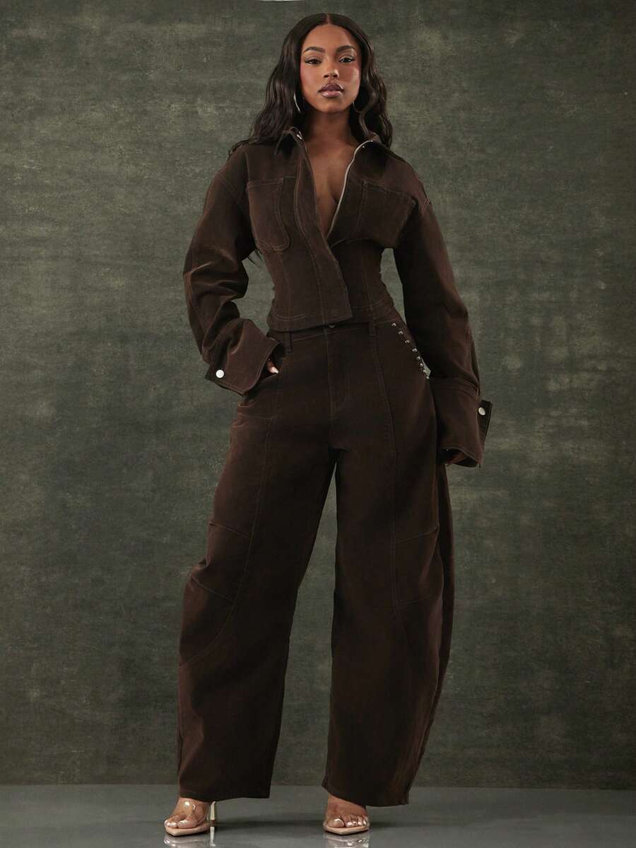 Denimoi Wide Leg Barrel Velvet Denim Jeans Barrel Leg Jeans Fashionable Statement Denim - Coffee Brown - View 1